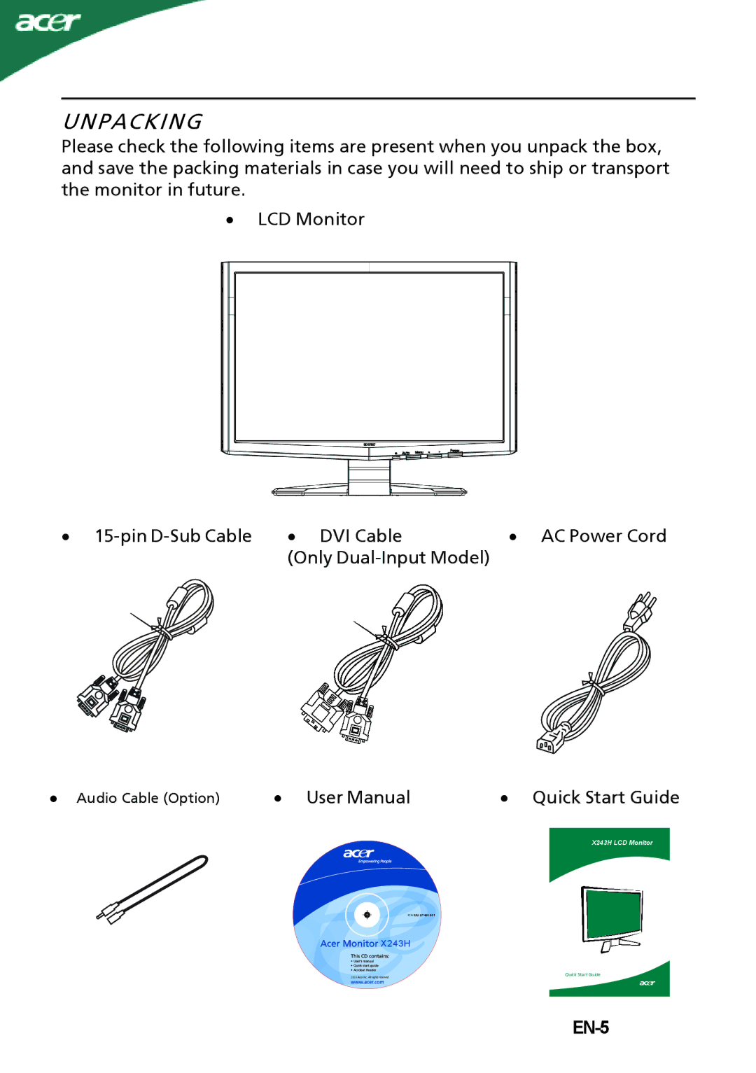 Acer X243H manual Unpacking, EN-5 