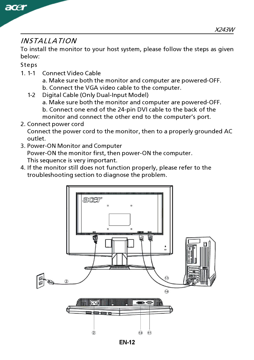 Acer X243W manual Installation, EN-12 