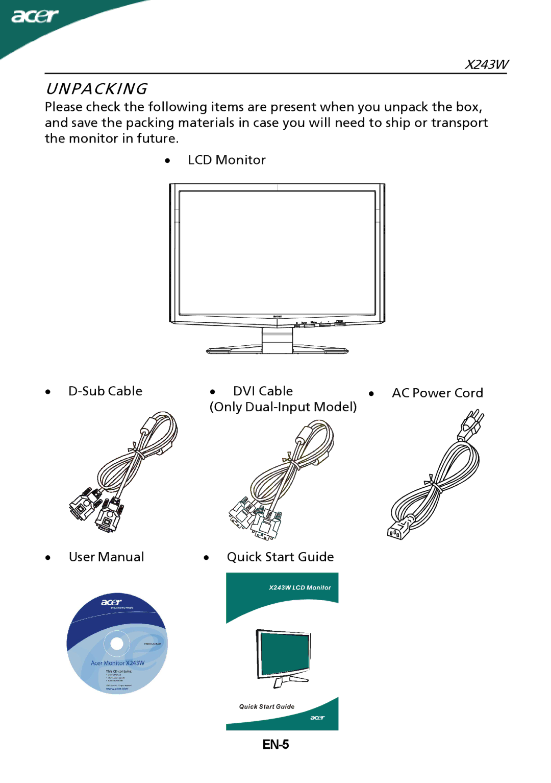 Acer X243W manual Unpacking, EN-5 