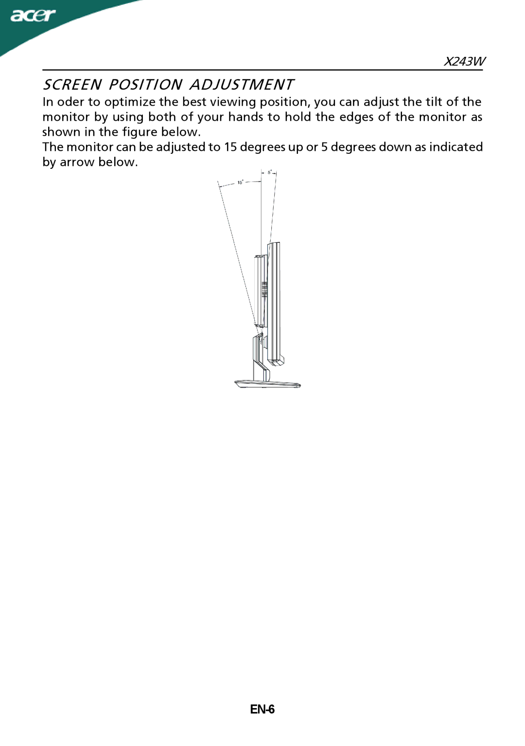 Acer X243W manual Screen Position Adjustment, EN-6 