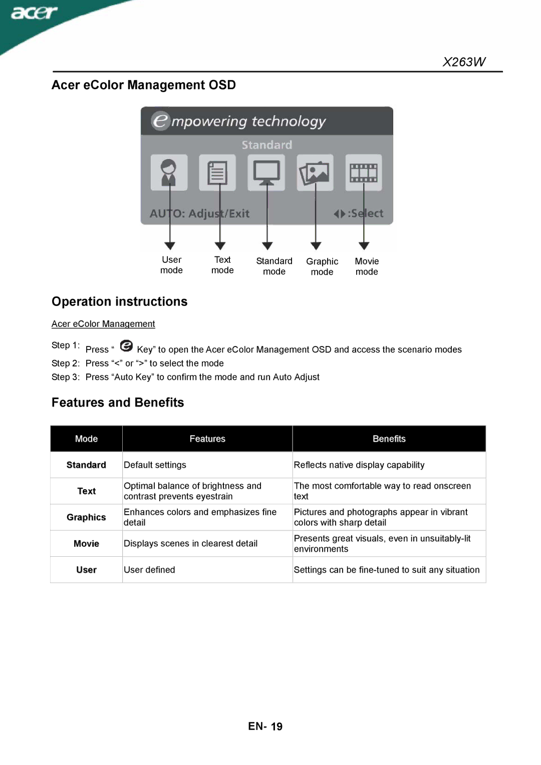 Acer X263W manual Acer eColor Management OSD, Operation instructions, Features and Benefits 