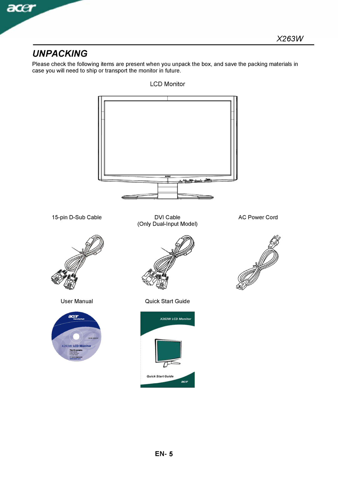 Acer X263W manual Unpacking 