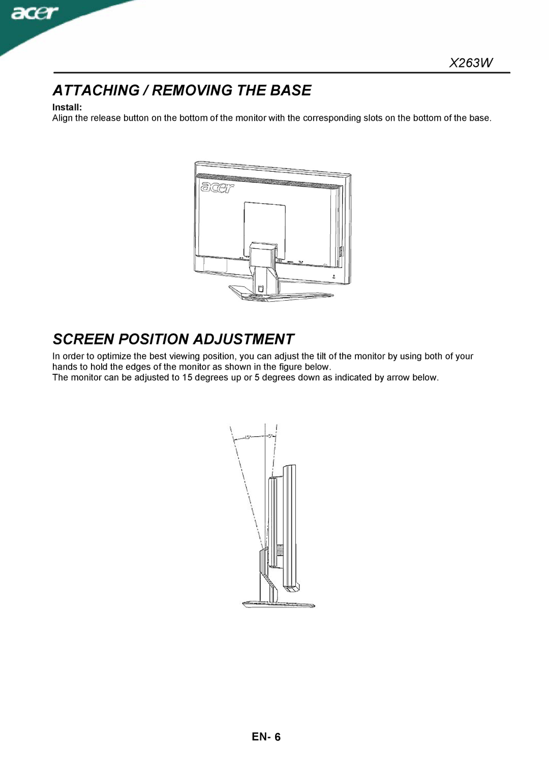 Acer X263W manual Attaching / Removing the Base, Screen Position Adjustment, Install 