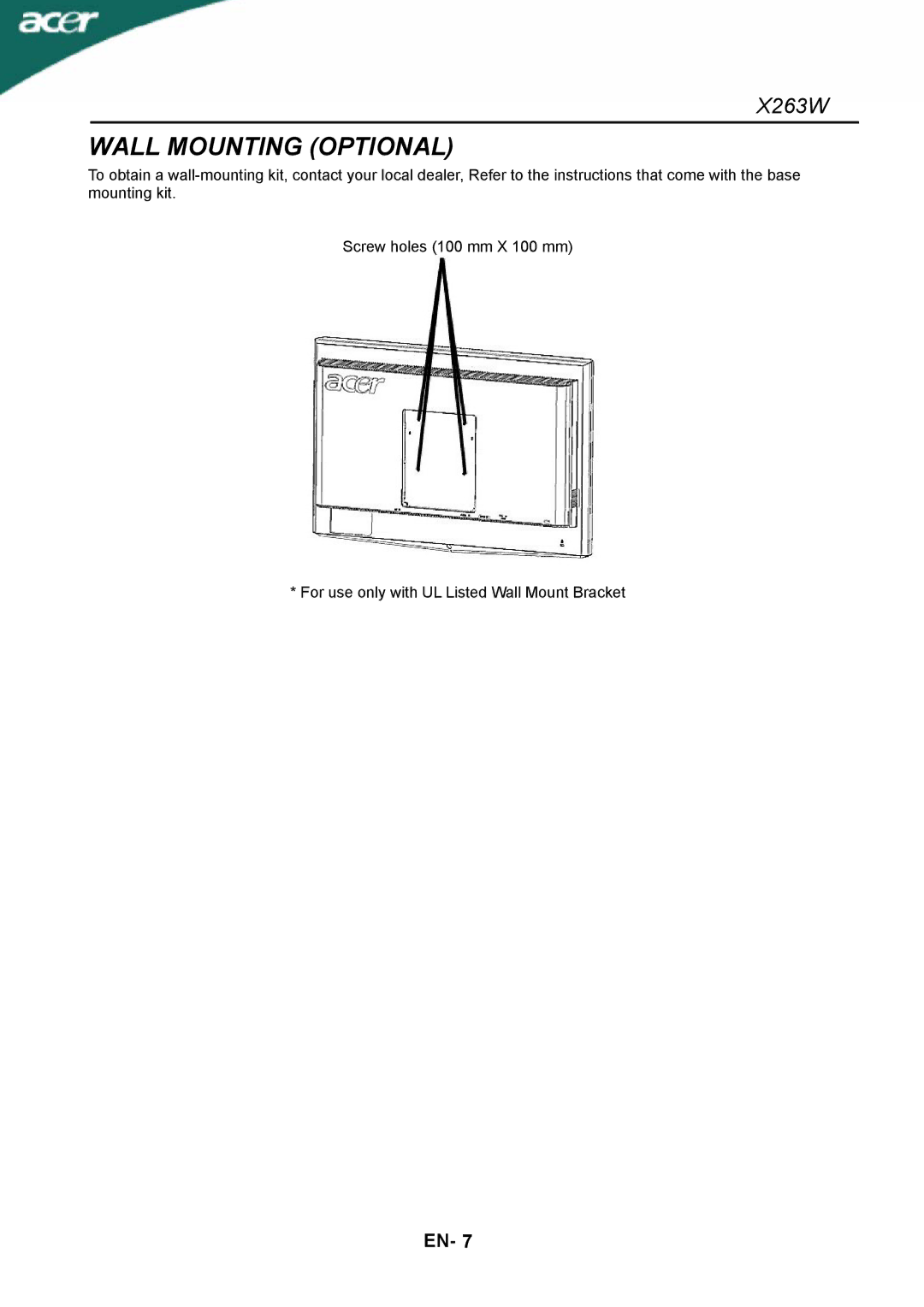 Acer X263W manual Wall Mounting Optional 