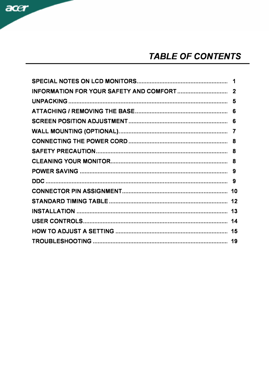 Acer X263W manual Table Of Contents 