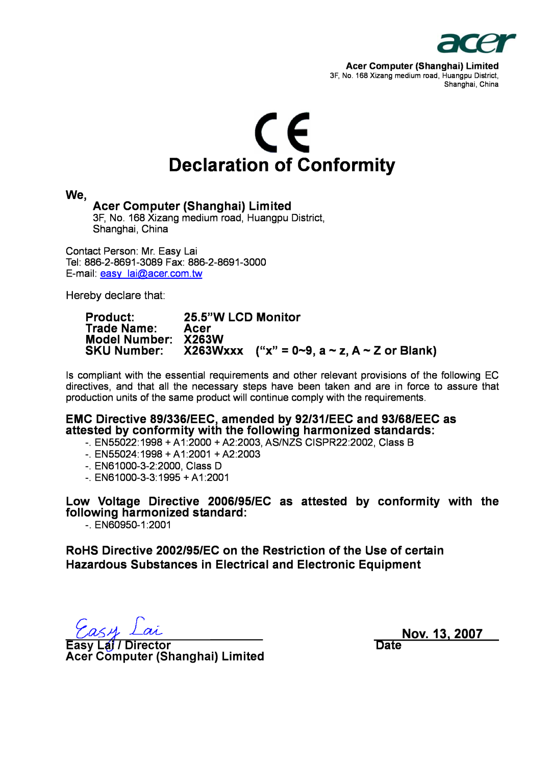 Acer X263W manual Nov. 13, Declaration of Conformity 