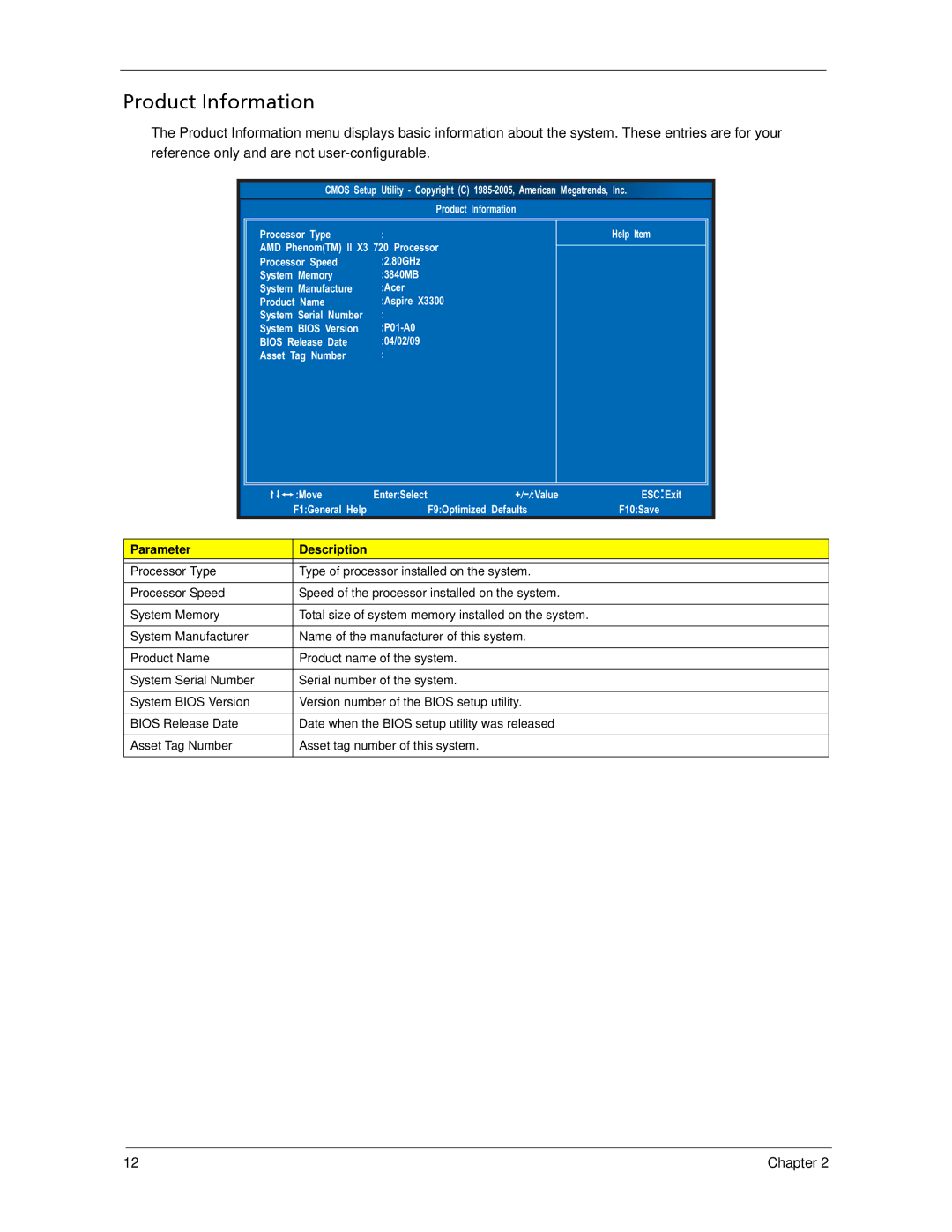 Acer X3300, X5300 manual Product Information, Parameter Description 