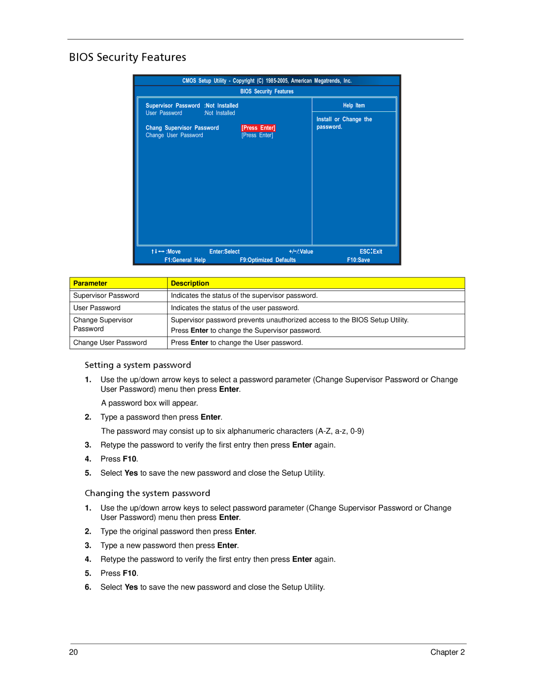 Acer X3300, X5300 manual Bios Security Features, Setting a system password 