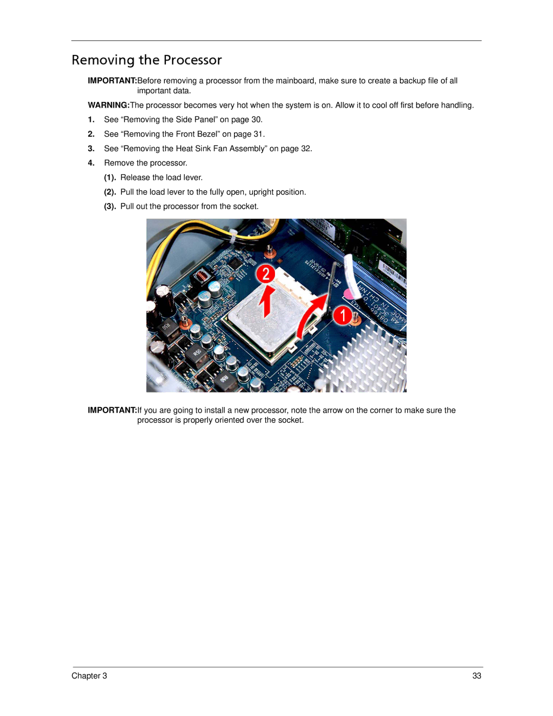 Acer X5300, X3300 manual Removing the Processor 