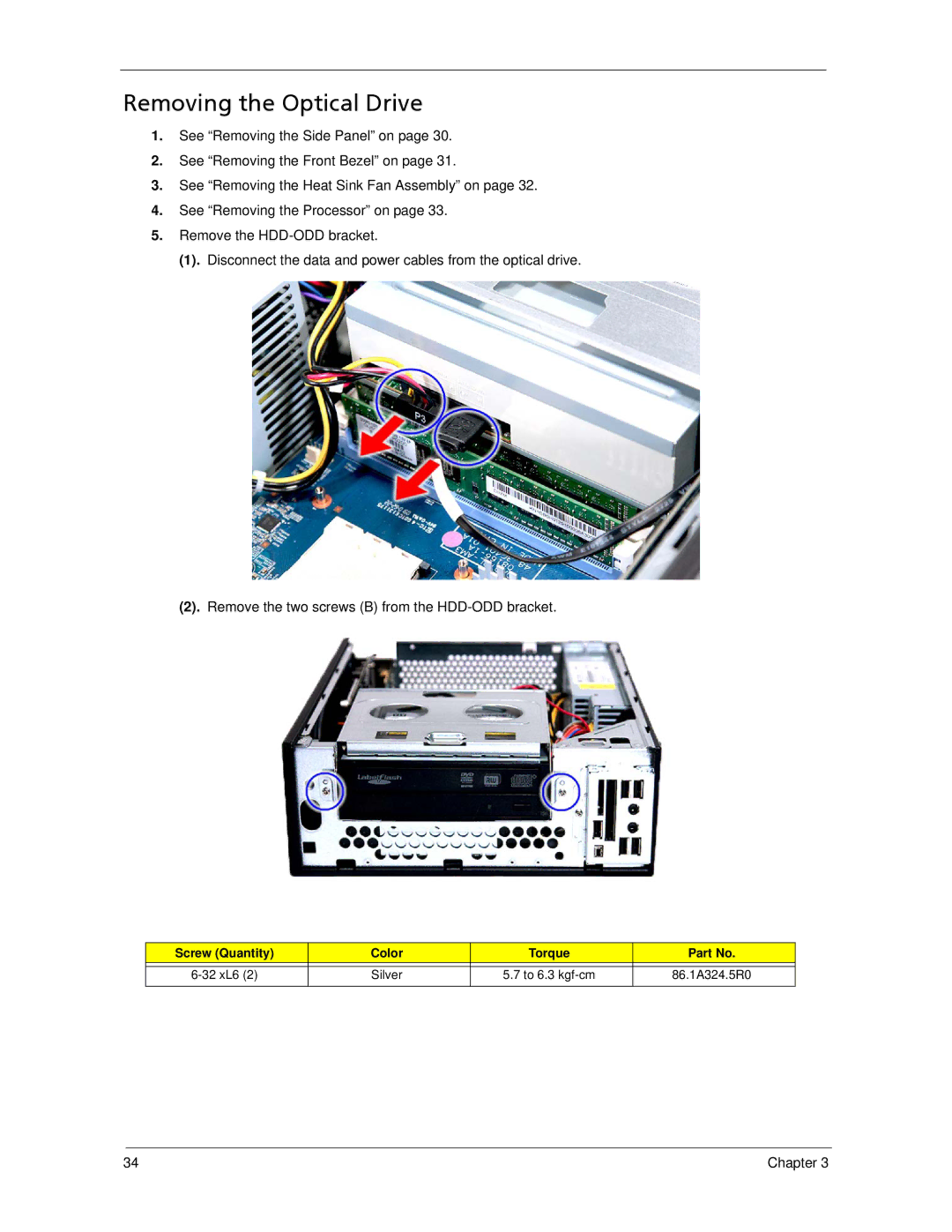 Acer X3300, X5300 manual Removing the Optical Drive 