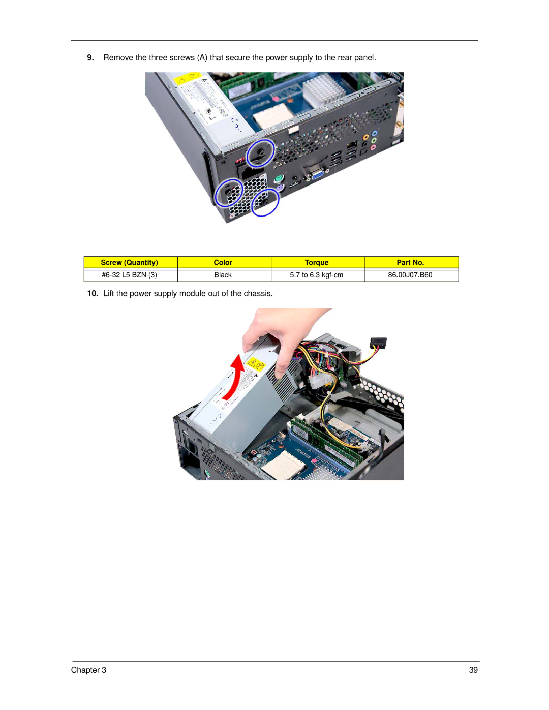 Acer X5300, X3300 manual Lift the power supply module out of the chassis Chapter 