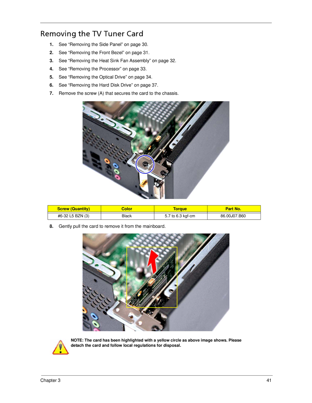 Acer X5300, X3300 manual Removing the TV Tuner Card 