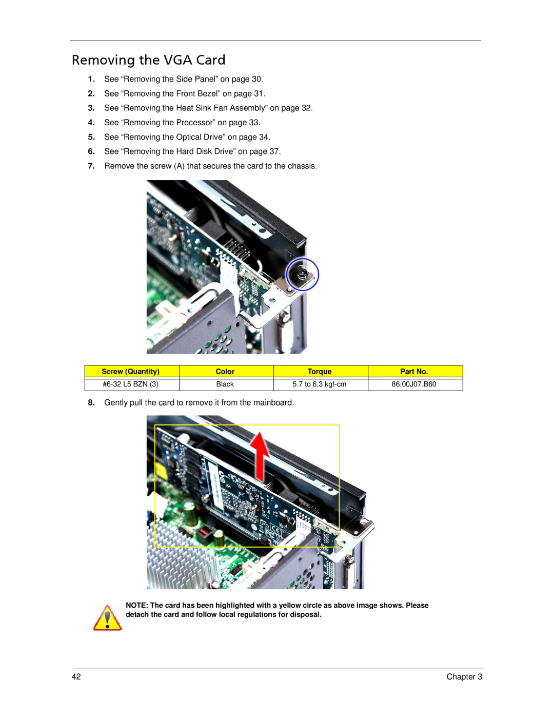 Acer X3300, X5300 manual Removing the VGA Card 