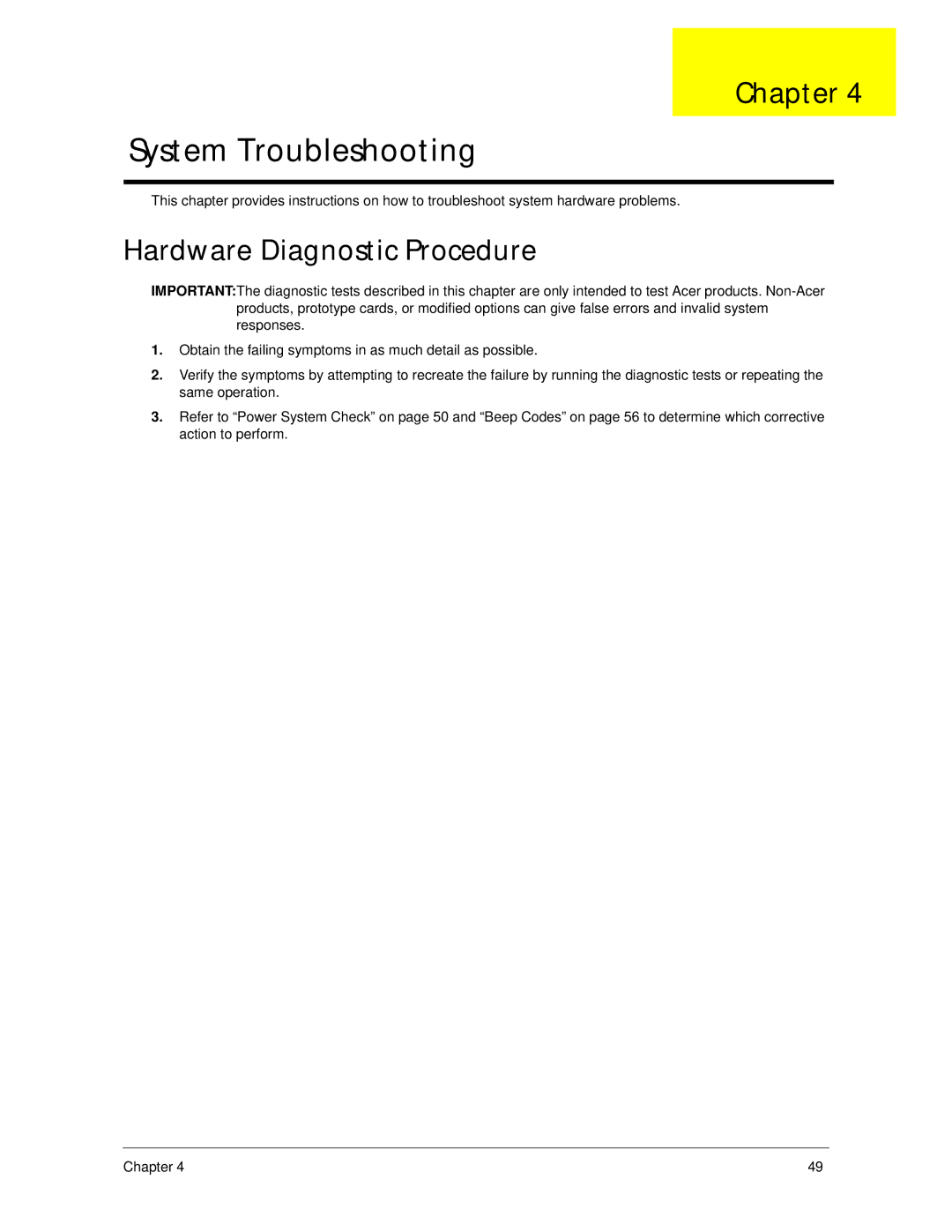 Acer X5300, X3300 manual System Troubleshooting, Hardware Diagnostic Procedure 