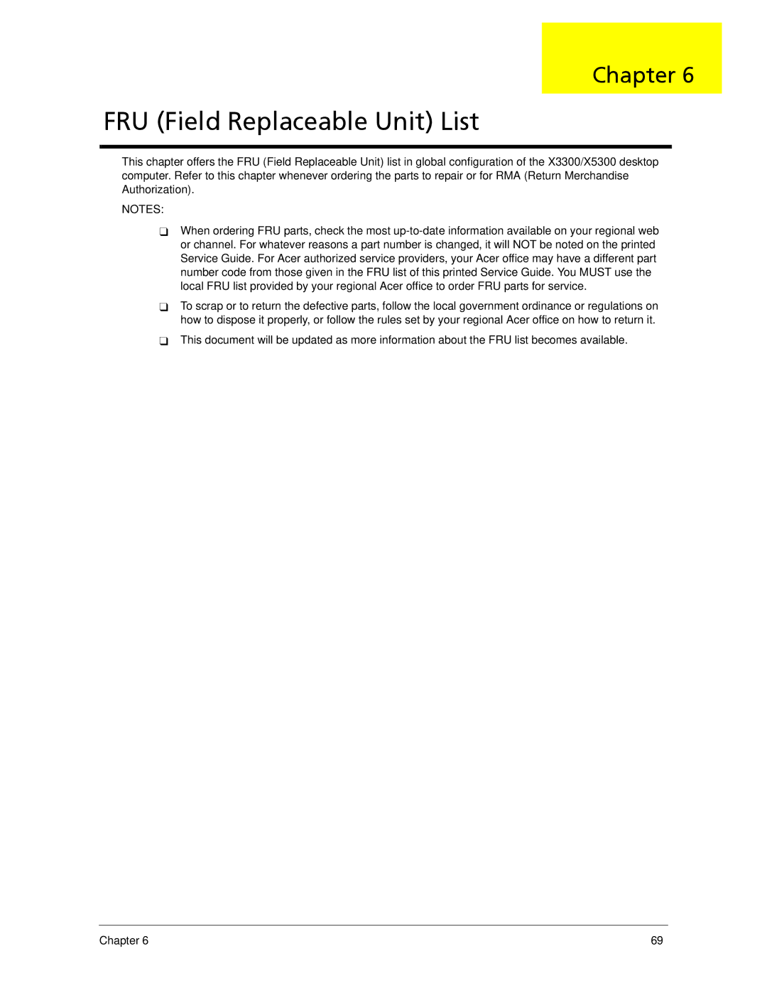 Acer X5300, X3300 manual FRU Field Replaceable Unit List 