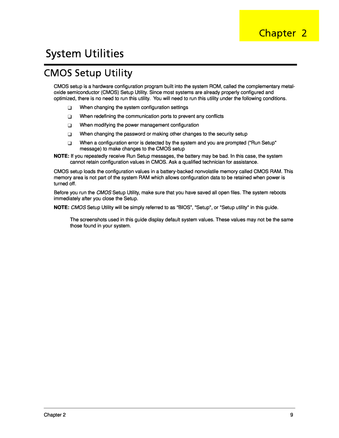 Acer X5300, X3300 manual System Utilities, CMOS Setup Utility, Chapter 
