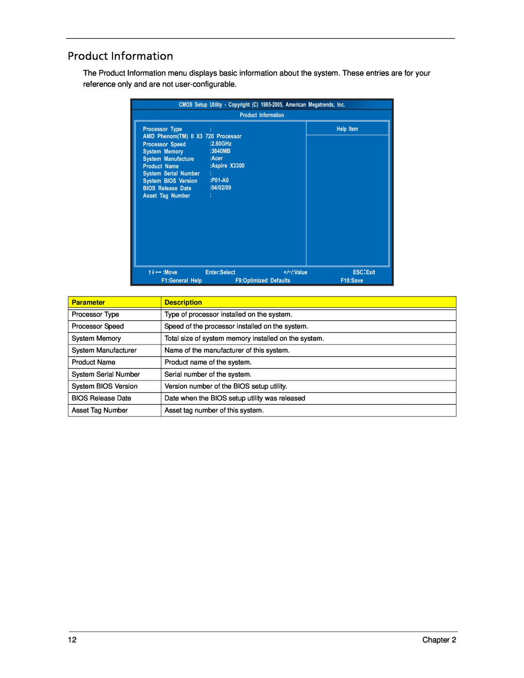 Acer X3300, X5300 manual Product Information, Parameter, Description 