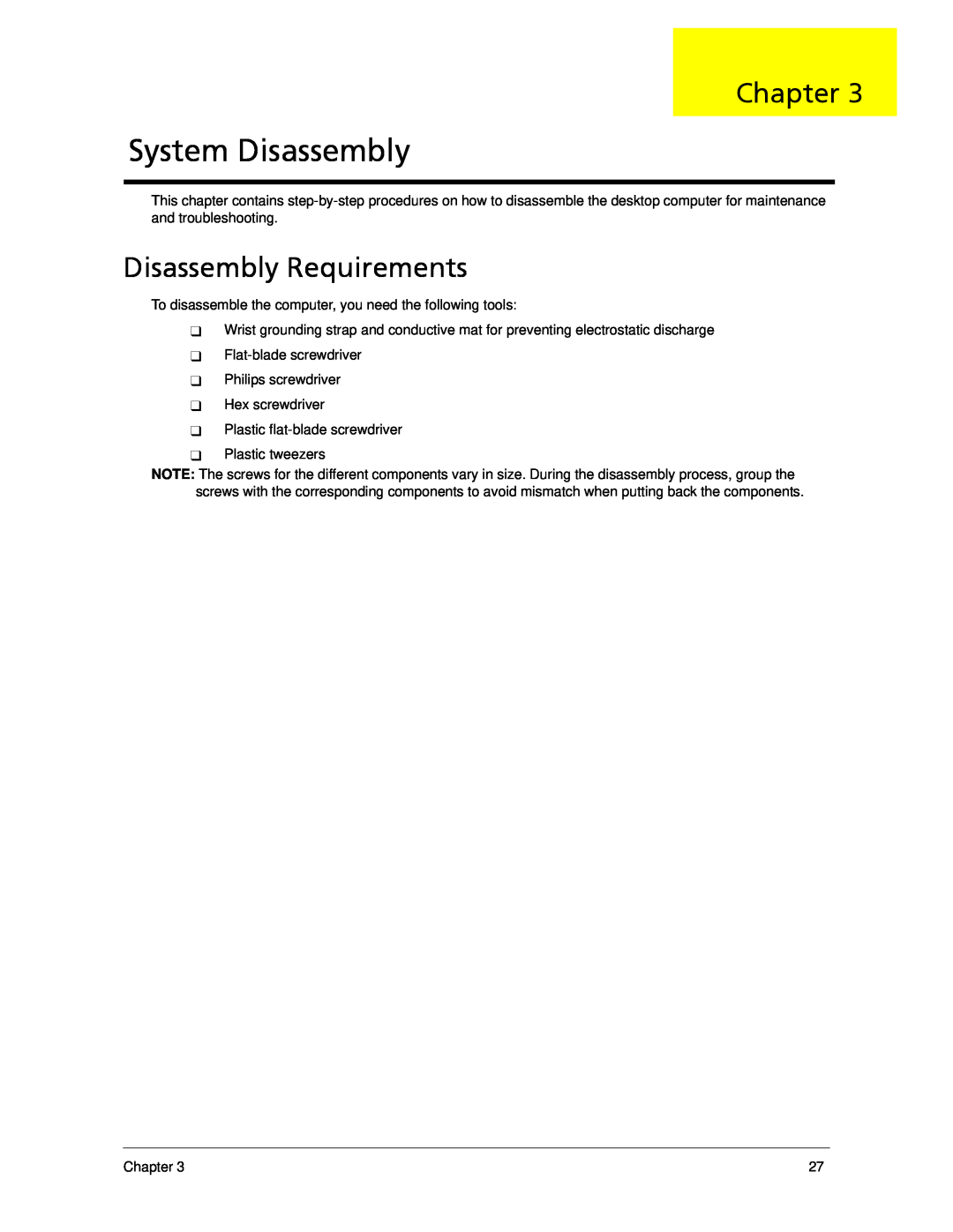 Acer X5300, X3300 manual System Disassembly, Disassembly Requirements, Chapter 