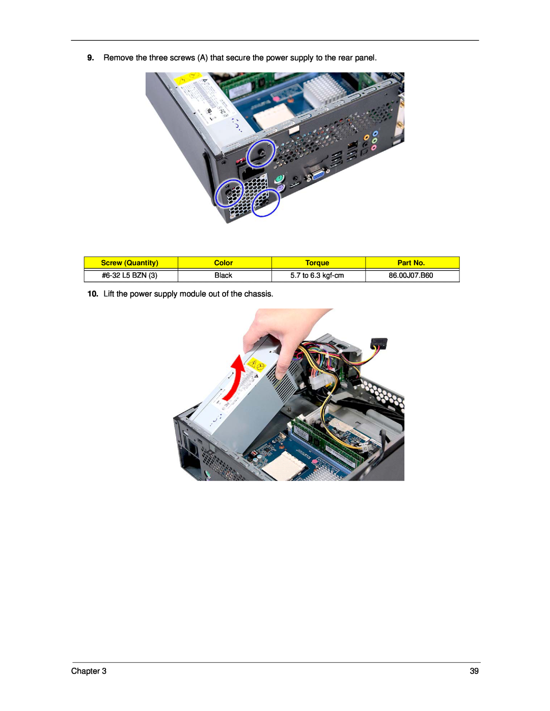 Acer X5300 Lift the power supply module out of the chassis, Chapter, Screw Quantity, Color, Torque, #6-32 L5 BZN, Black 