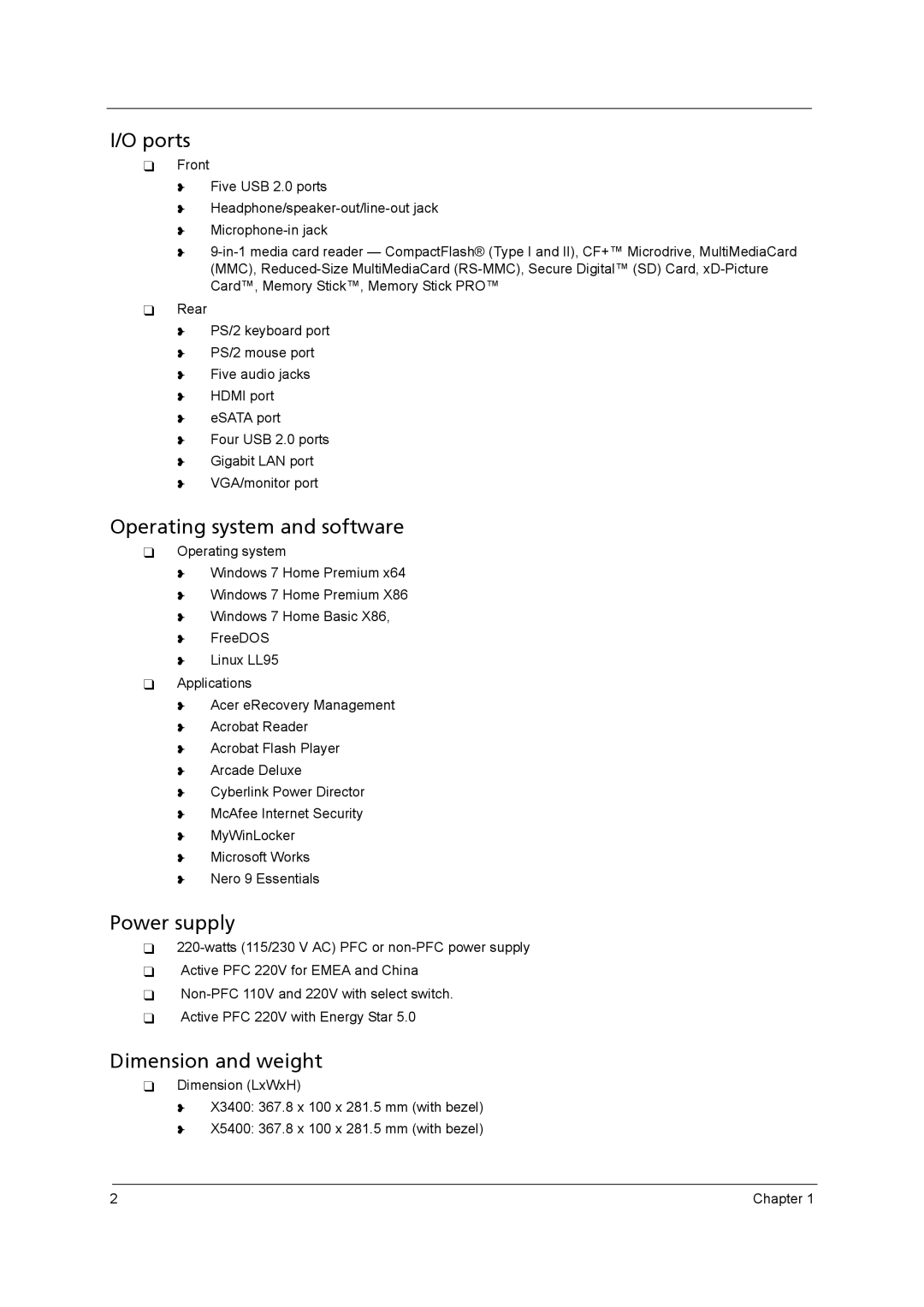 Acer X3400, X5400 manual Ports, Operating system and software, Power supply, Dimension and weight 