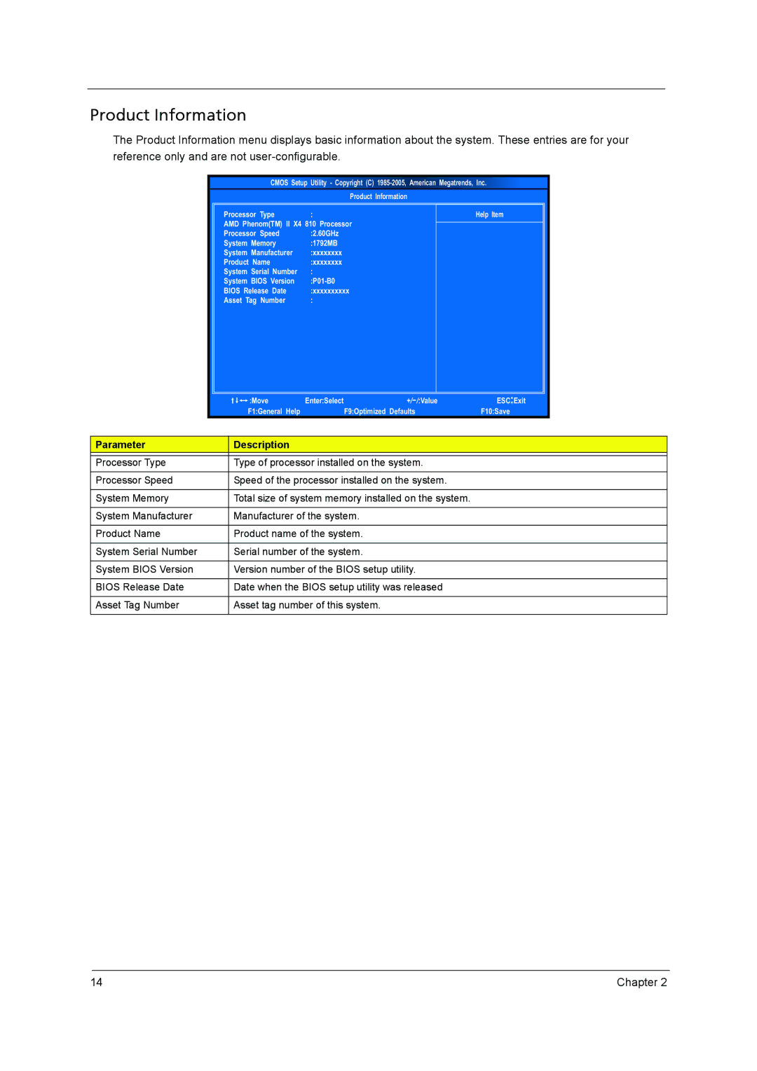 Acer X3400, X5400 manual Product Information, Parameter Description 