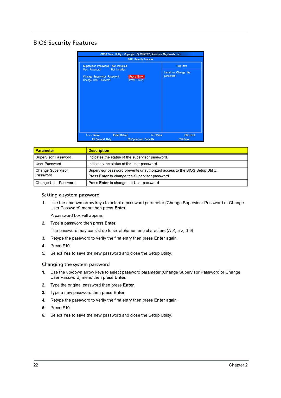 Acer X3400, X5400 manual Bios Security Features, Setting a system password 