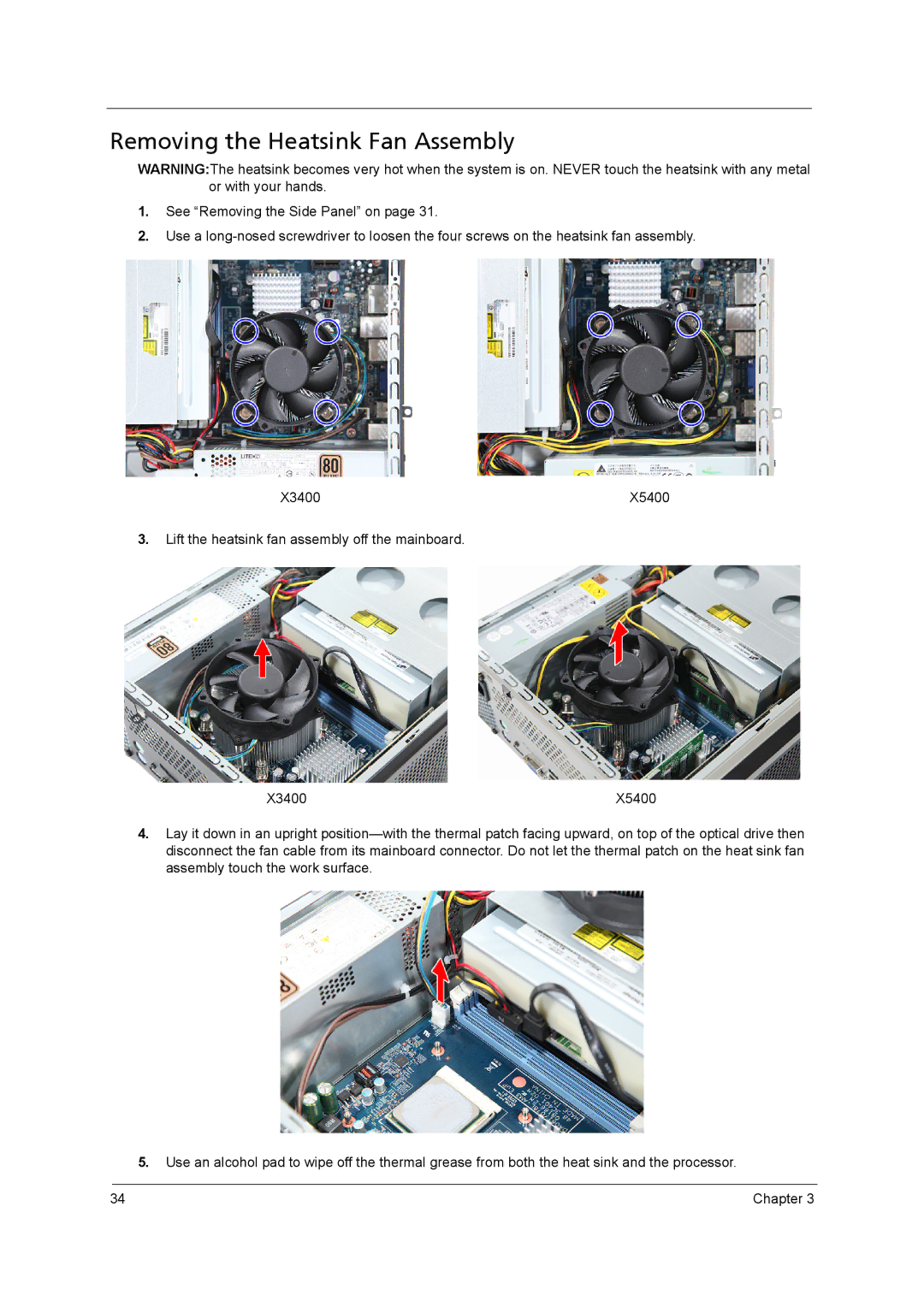 Acer X3400, X5400 manual Removing the Heatsink Fan Assembly 