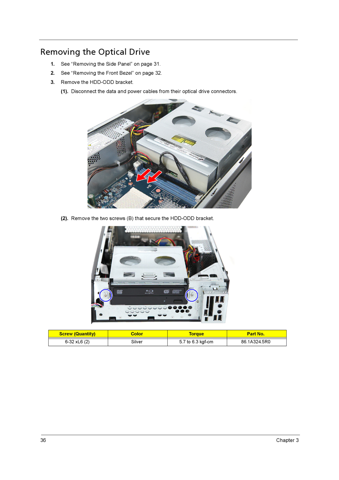 Acer X3400, X5400 manual Removing the Optical Drive 