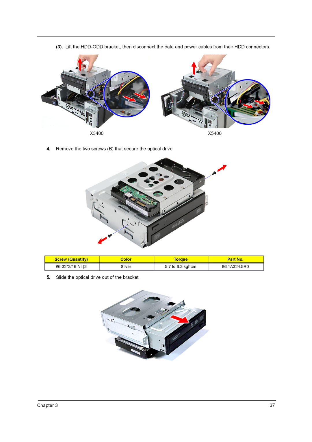 Acer X5400, X3400 manual Remove the two screws B that secure the optical drive 