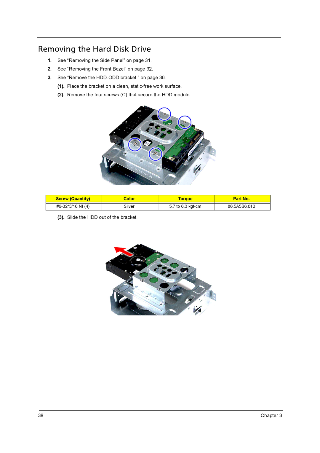 Acer X3400, X5400 manual Removing the Hard Disk Drive 