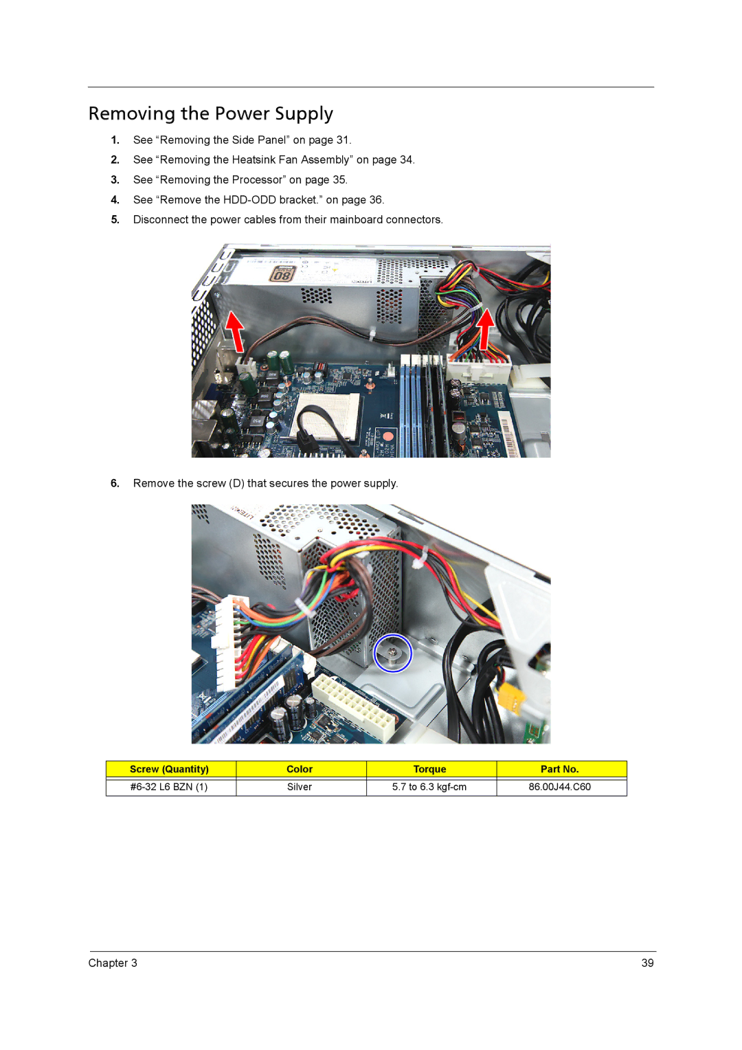 Acer X5400, X3400 manual Removing the Power Supply 