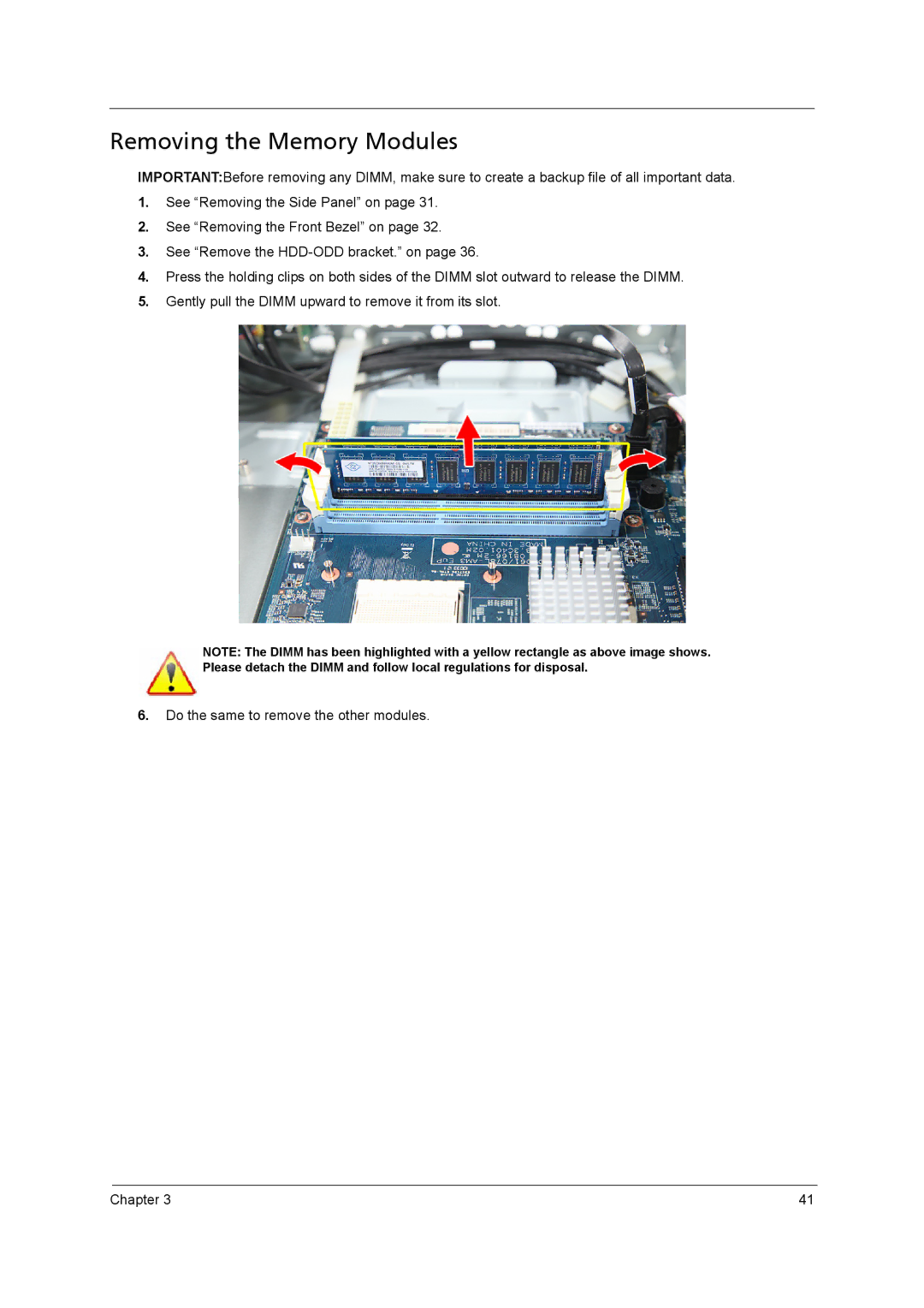 Acer X5400, X3400 manual Removing the Memory Modules 