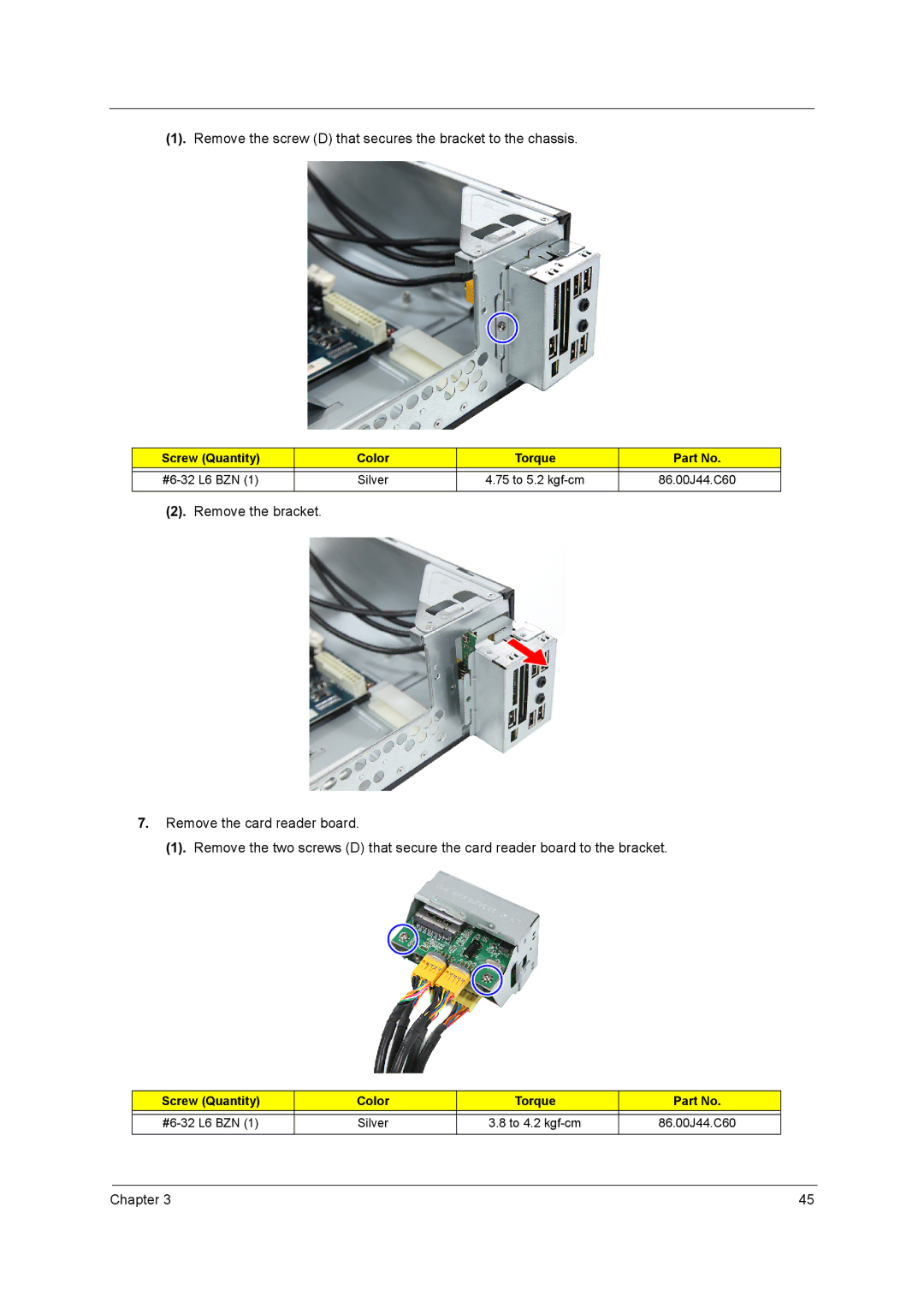 Acer X5400, X3400 manual Remove the screw D that secures the bracket to the chassis 