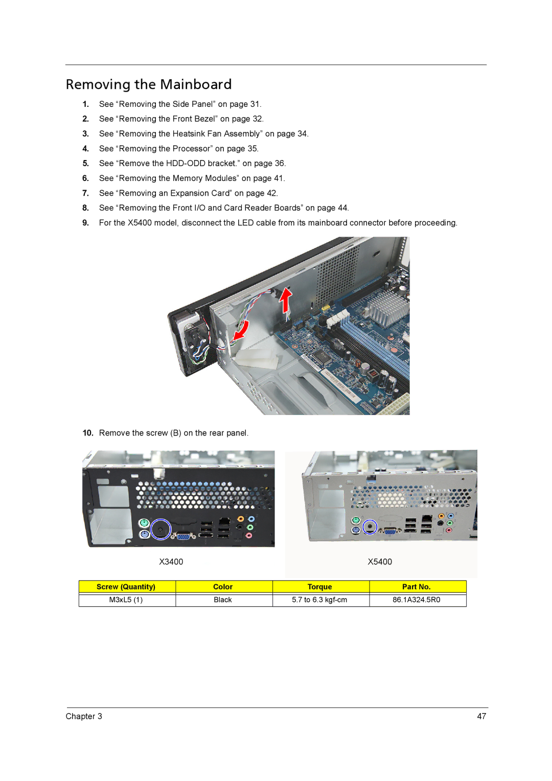 Acer X5400, X3400 manual Removing the Mainboard 