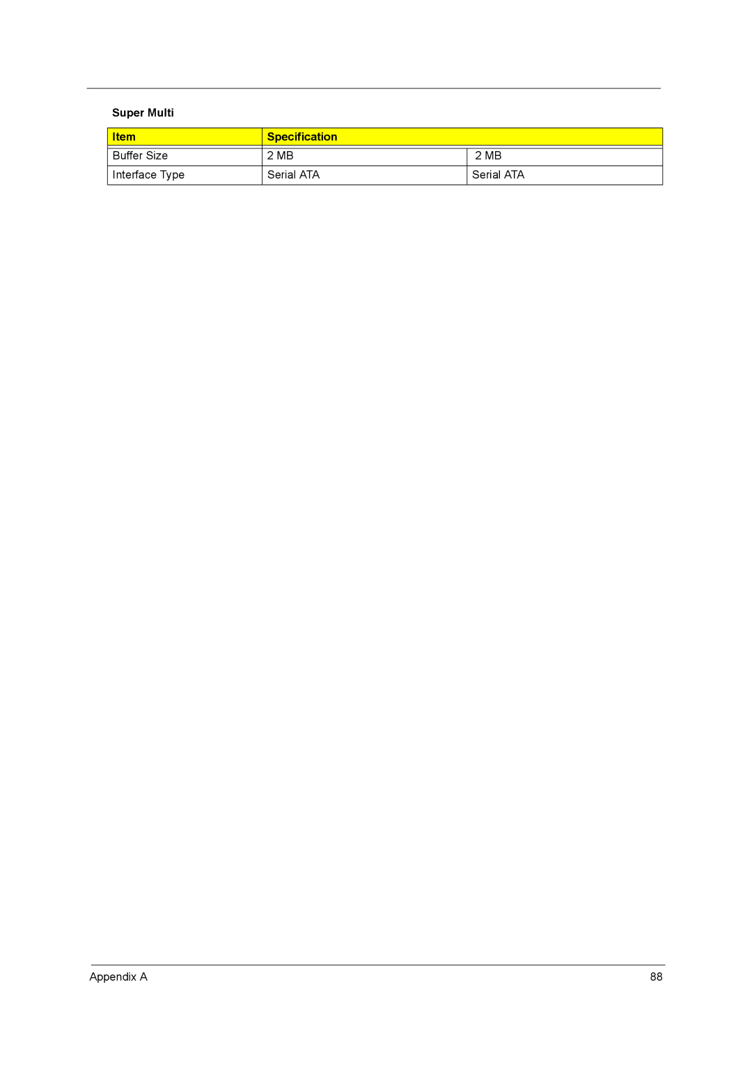 Acer X3400, X5400 manual Buffer Size Interface Type Serial ATA Appendix a 