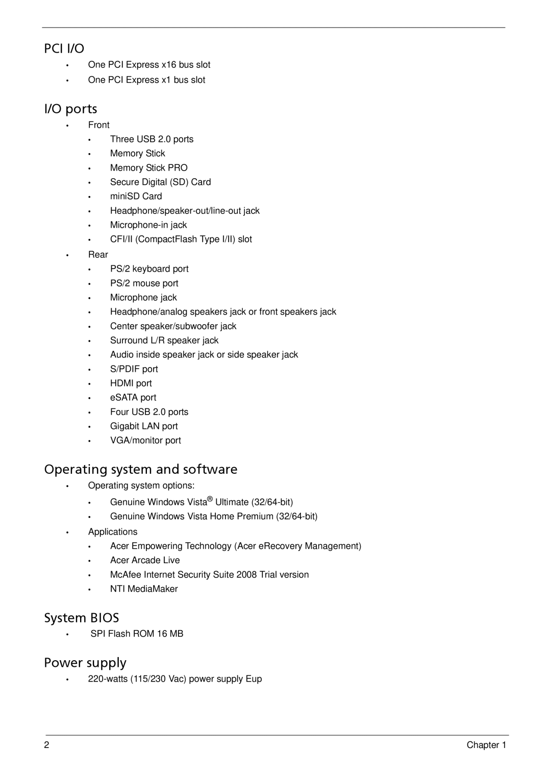 Acer X3812, X5812 manual Ports, Operating system and software, System Bios, Power supply 