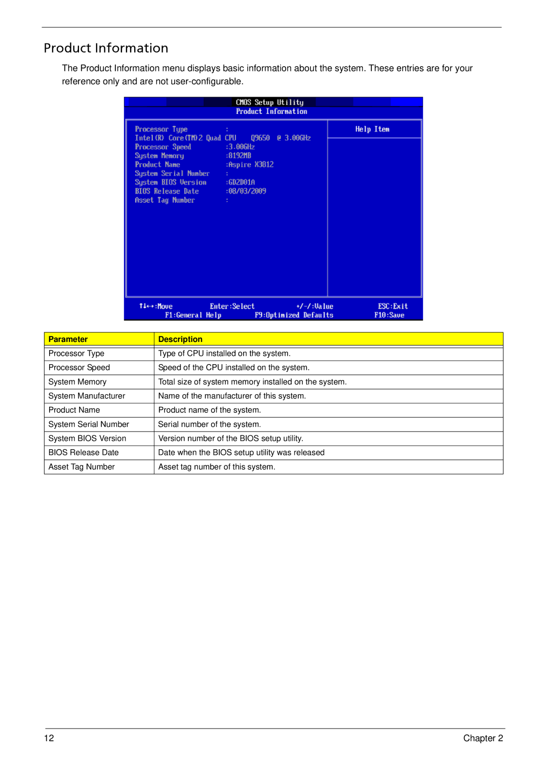 Acer X3812, X5812 manual Product Information, Parameter Description 