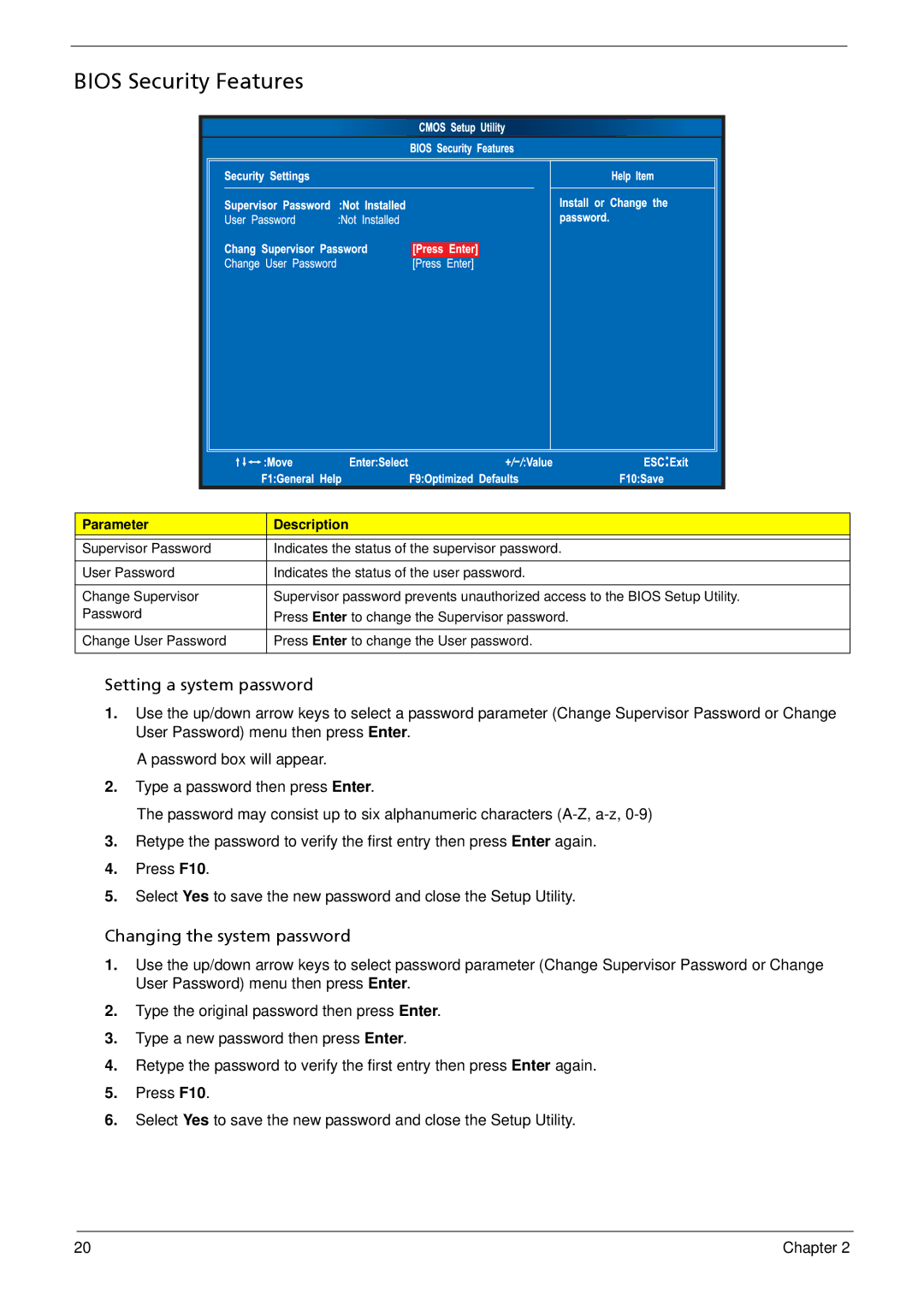 Acer X3812, X5812 manual Bios Security Features, Setting a system password 