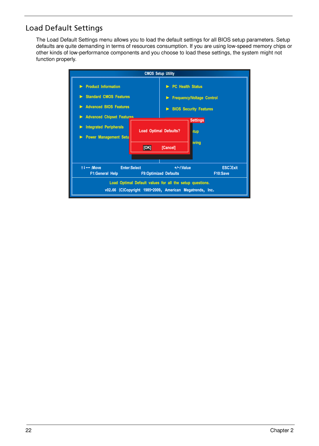 Acer X3812, X5812 manual Load Default Settings 