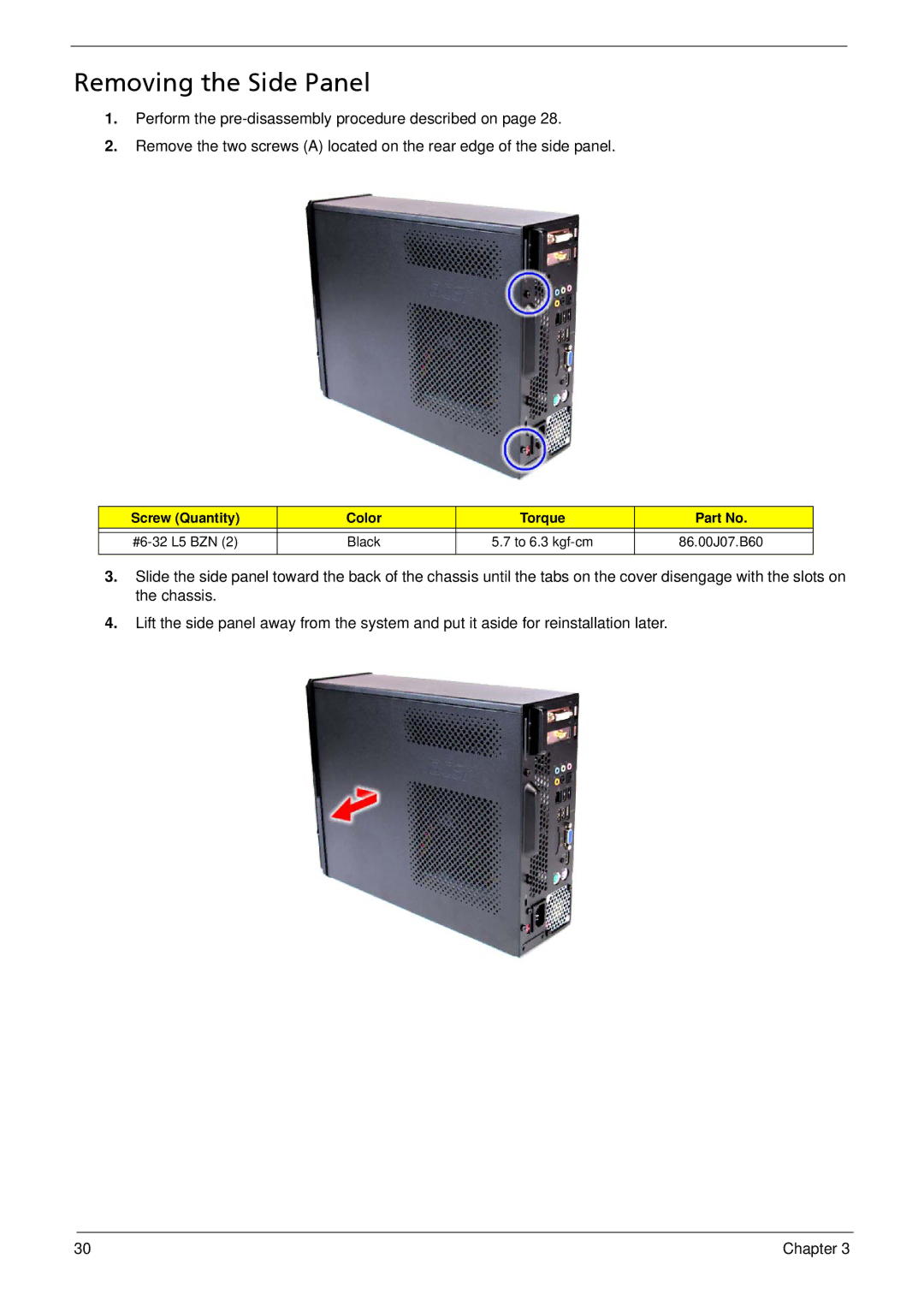 Acer X3812, X5812 manual Removing the Side Panel 