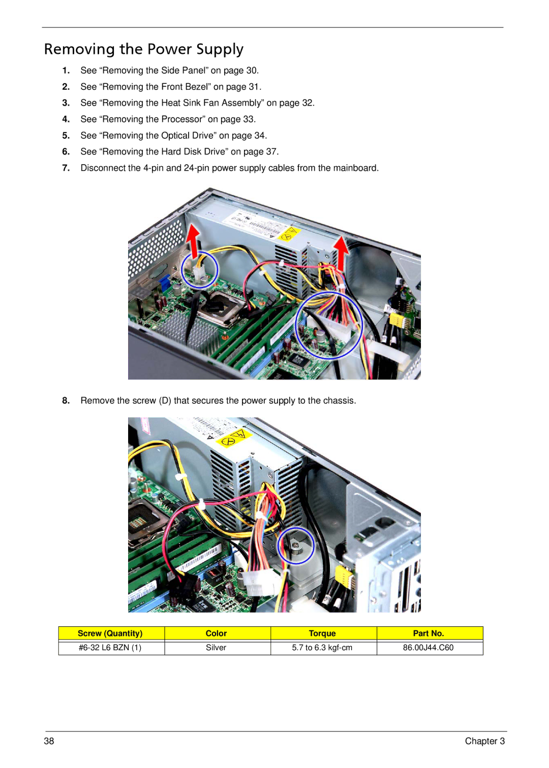 Acer X3812, X5812 manual Removing the Power Supply 