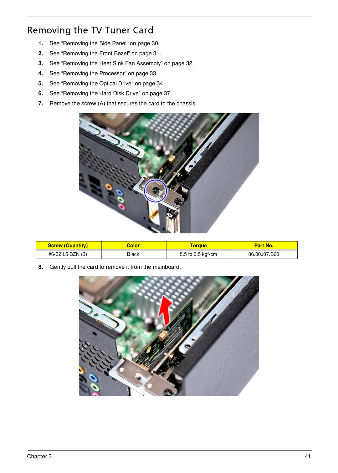 Acer X5812, X3812 manual Removing the TV Tuner Card 