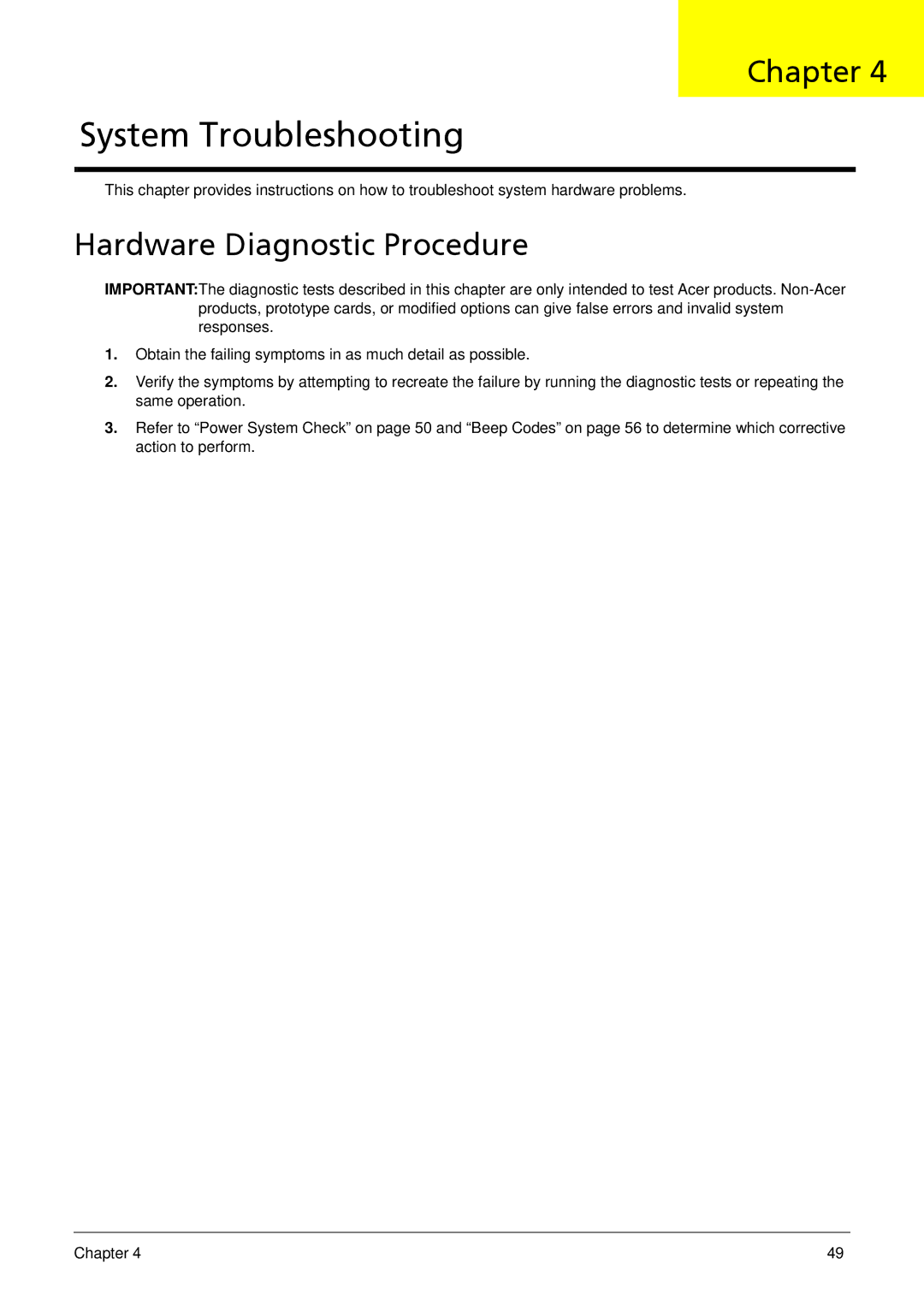 Acer X5812, X3812 manual System Troubleshooting, Hardware Diagnostic Procedure 