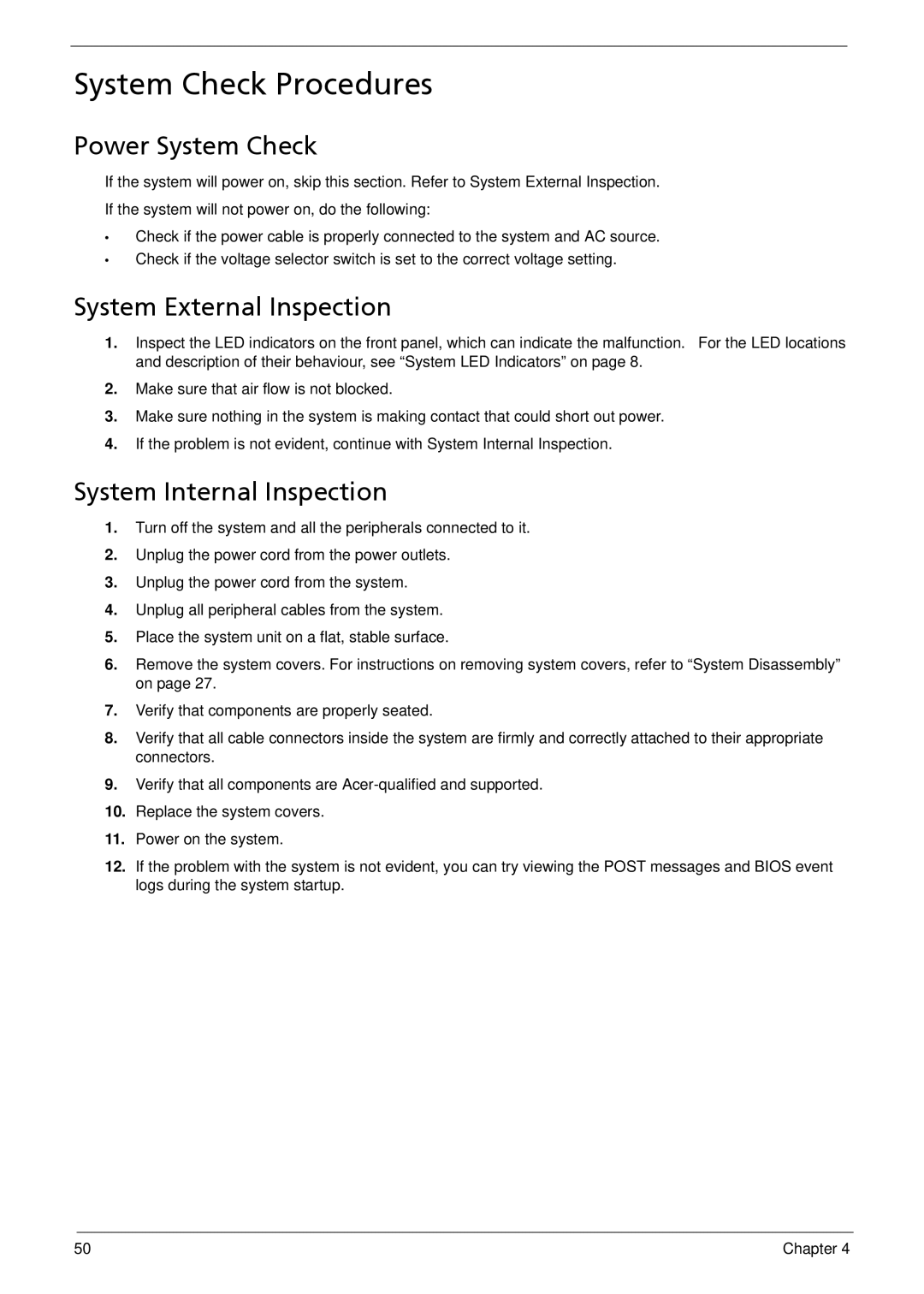 Acer X3812, X5812 manual System Check Procedures, Power System Check, System External Inspection, System Internal Inspection 