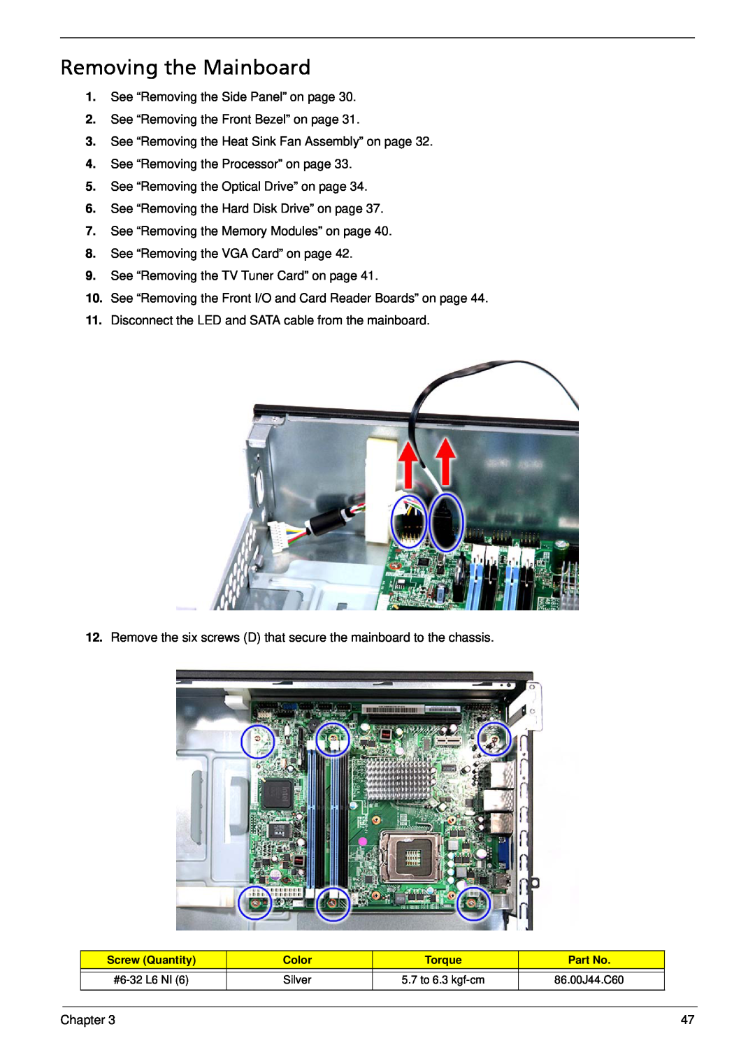 Acer X5812, X3812 manual Removing the Mainboard 