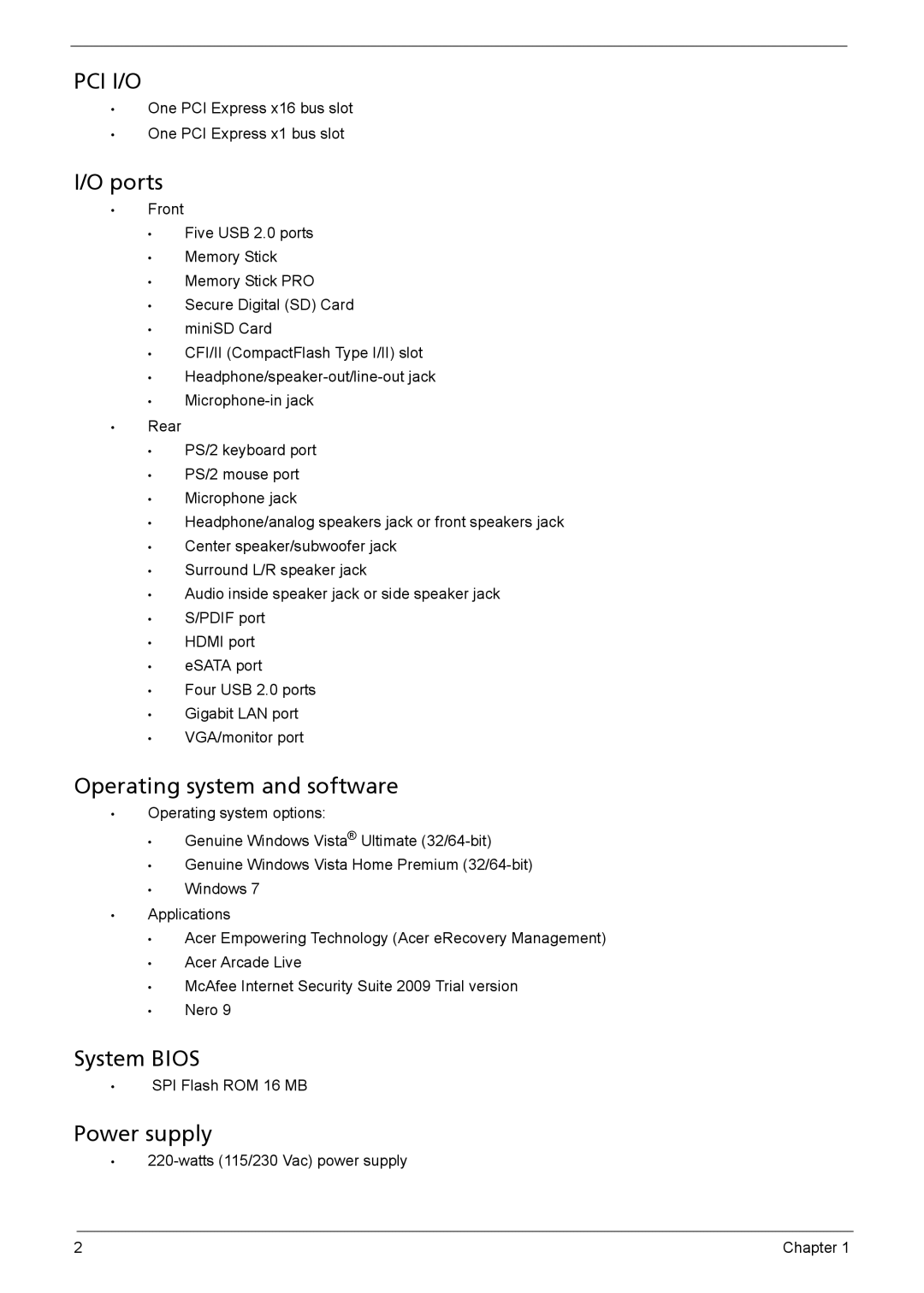 Acer X3910 manual Ports, Operating system and software, System Bios, Power supply 