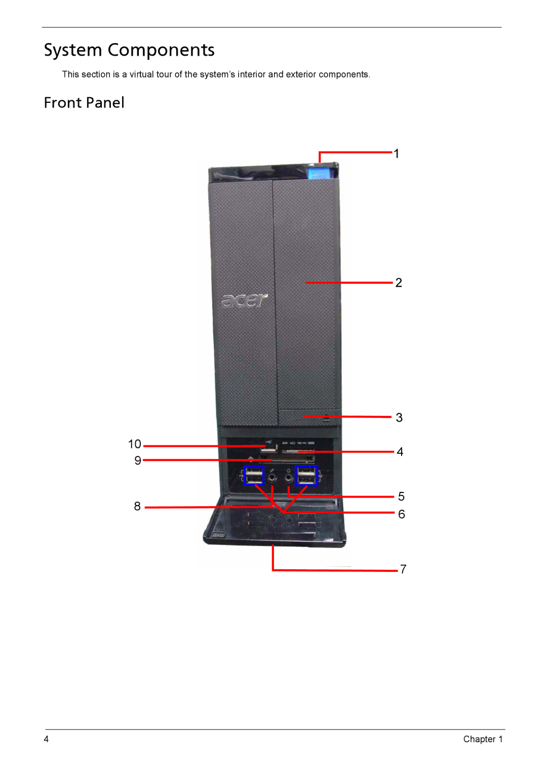 Acer X3910 manual System Components, Front Panel 