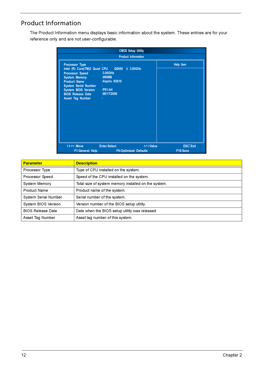 Acer X3910 manual Product Information, Parameter Description 