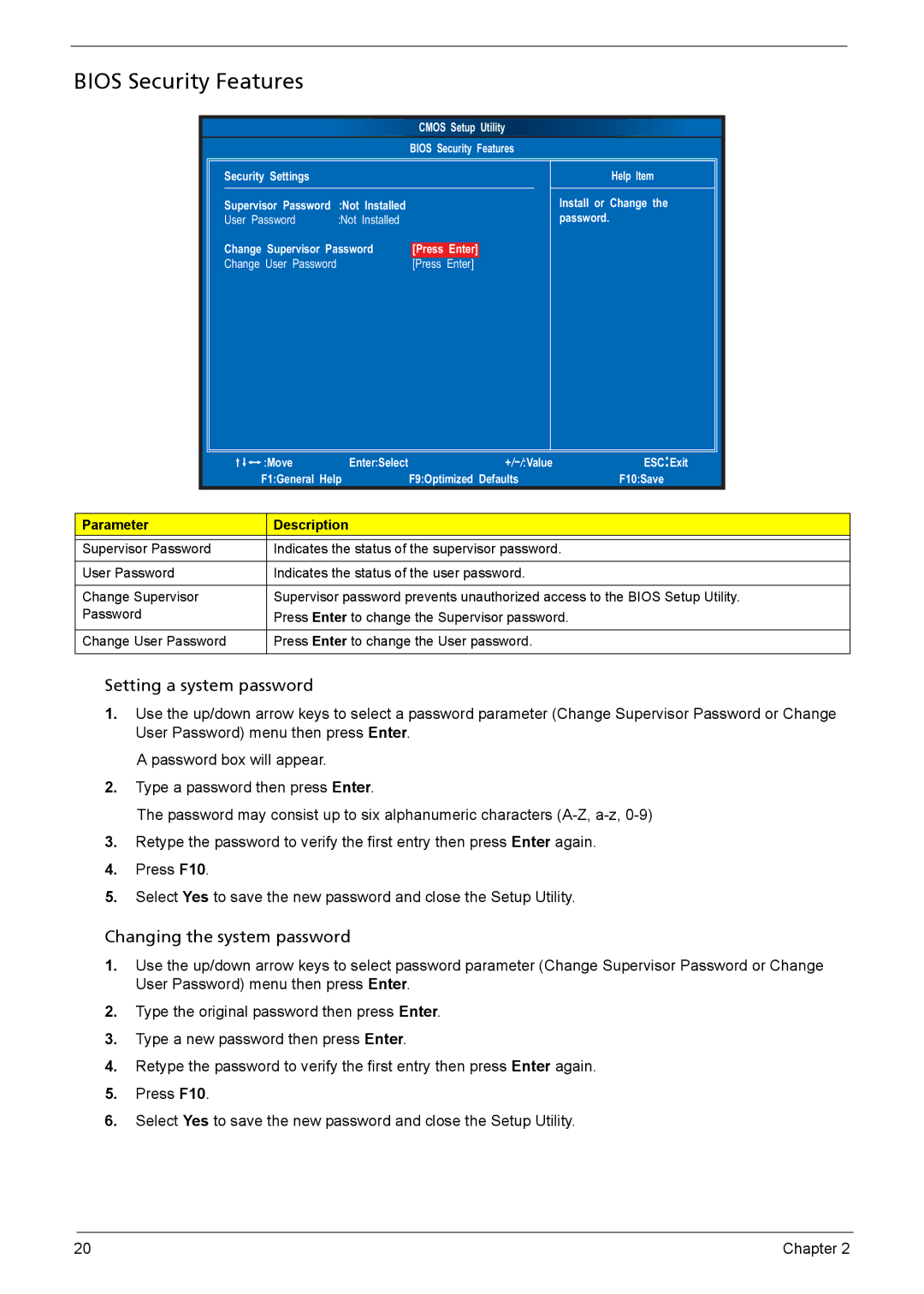 Acer X3910 manual Bios Security Features, Setting a system password 