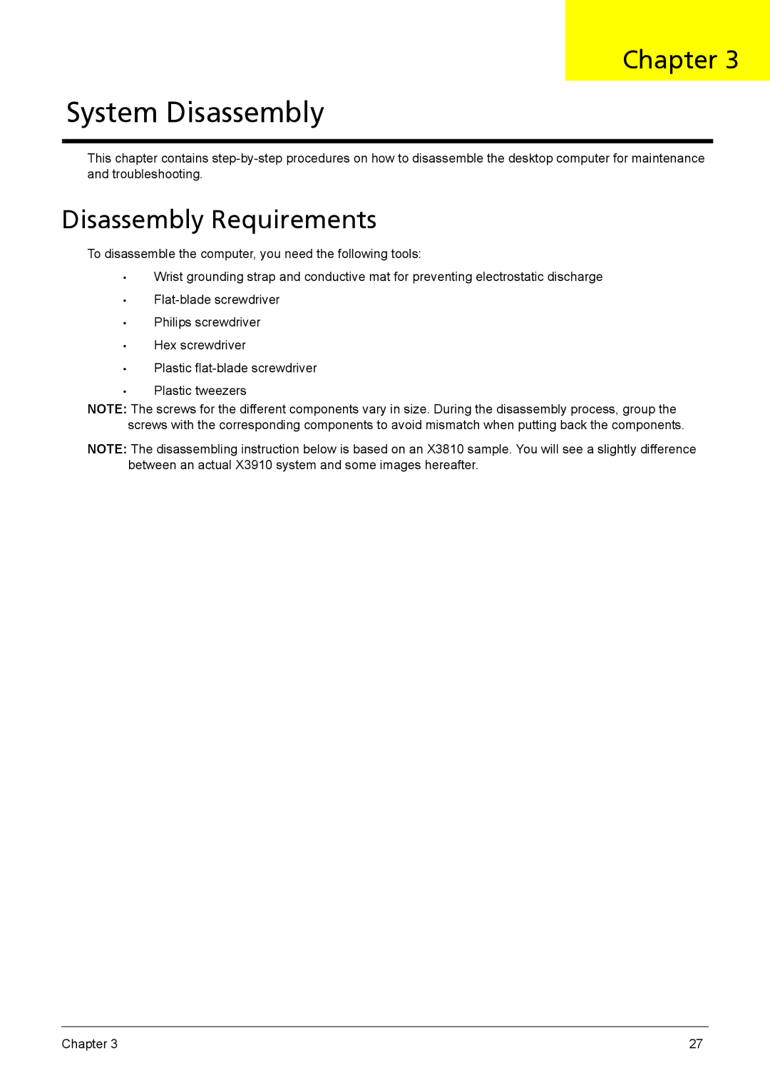 Acer X3910 manual System Disassembly, Disassembly Requirements 